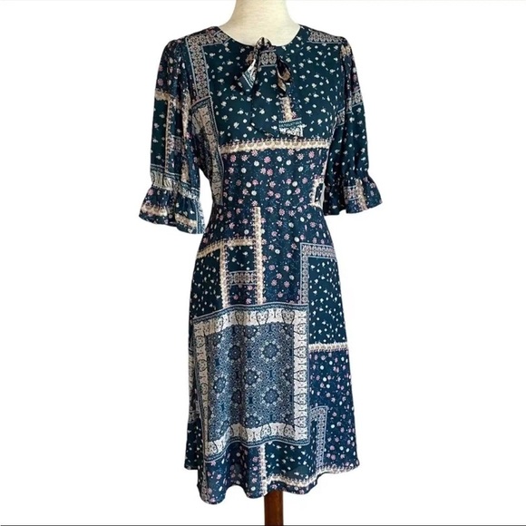 CHELSEA28 Green Blue Floral Patchwork Midi Dress Size Small - Picture 6 of 11